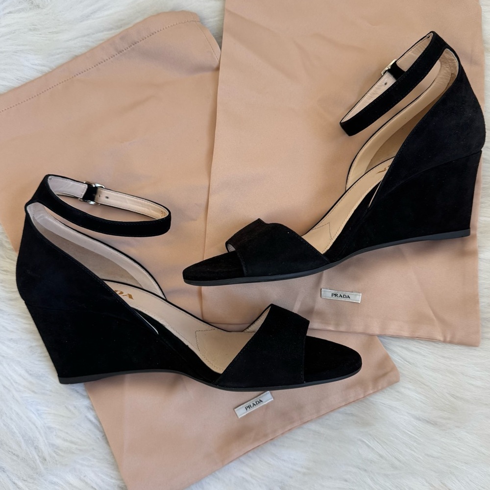 Brand new prada suede wedge black kitten heel sandals 38.5 - Picture 2 of 14
